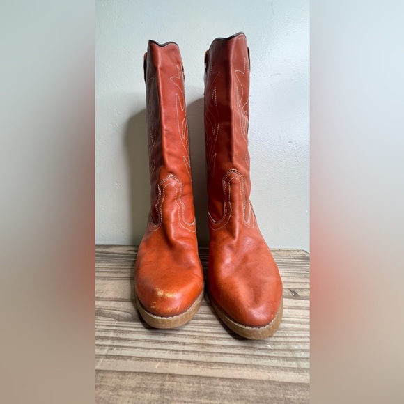 Jaguar Vintage Rust heeled boots western boho 70s 80s 8 cowboy Tangerine - Picture 7 of 9